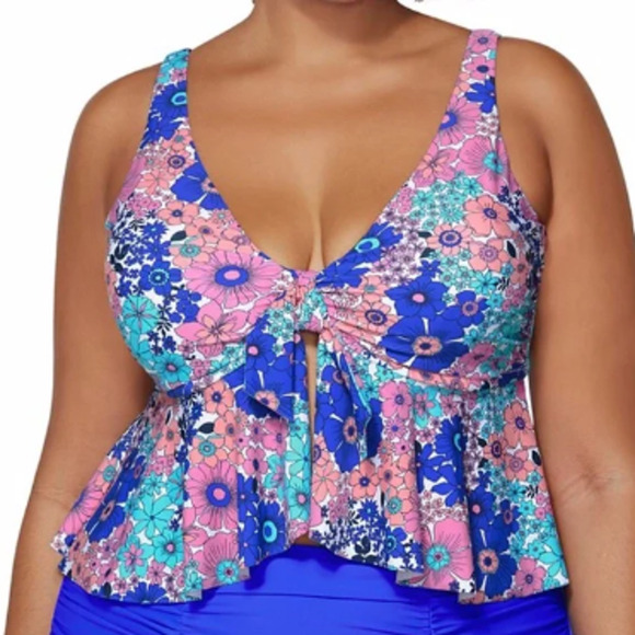 NEW Raisins Floral Underwire Tankini Swim Top Size 18W Blue Pink Flyaway Crop - Picture 1 of 12